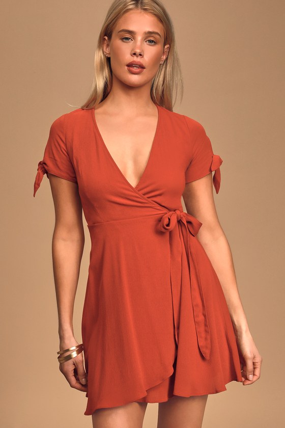 Lovely Rust Orange Dress - Tying Sleeve Mini Dress - Wrap Dress - Lulus